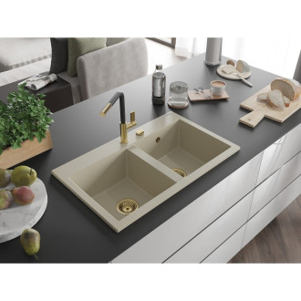 Mexen Hektor 2miskový granitový dřez 800 x 480 mm, béžový, zlatý sifon - 6521802000-69-G