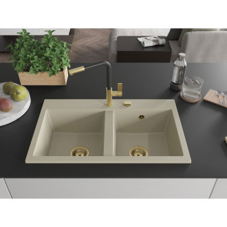 Mexen Hektor 2miskový granitový dřez 800 x 480 mm, béžový, zlatý sifon - 6521802000-69-G