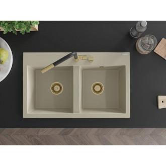 Mexen Hektor 2miskový granitový dřez 800 x 480 mm, béžový, zlatý sifon - 6521802000-69-G