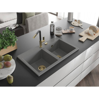 Mexen Hektor 2miskový granitový dřez 800 x 480 mm, šedý, zlatý sifon - 6521802000-71-G