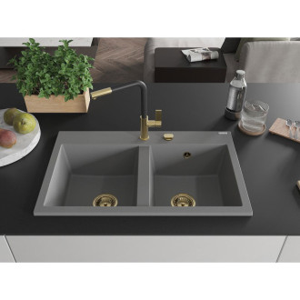 Mexen Hektor 2miskový granitový dřez 800 x 480 mm, šedý, zlatý sifon - 6521802000-71-G