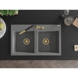 Mexen Hektor 2miskový granitový dřez 800 x 480 mm, šedý, zlatý sifon - 6521802000-71-G