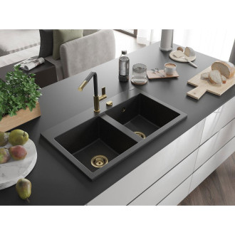 Mexen Hektor Dvojdřez, granit 800x480, černá/stříbrná, zlatý sifon 6521802000-73-G