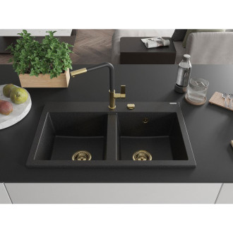 Mexen Hektor Dvojdřez, granit 800x480, černá/stříbrná, zlatý sifon 6521802000-73-G