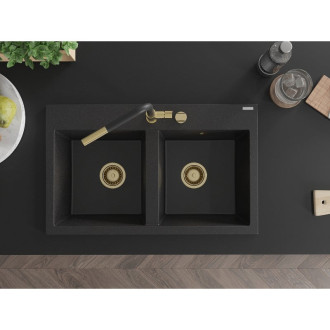 Mexen Hektor Dvojdřez, granit 800x480, černá/stříbrná, zlatý sifon 6521802000-73-G