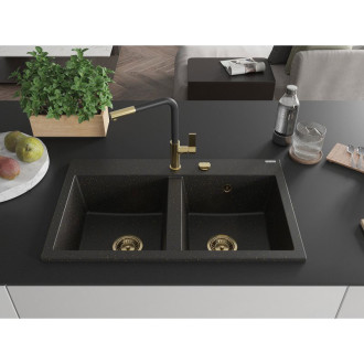 Mexen Hektor Dvojdřez, granit 800x480, černá/zlatá metalíza, zlatý sifon 6521802000-75-G