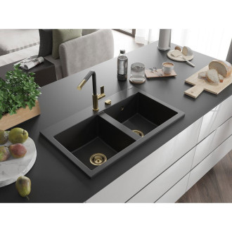 Mexen Hektor 2miskový granitový dřez 800 x 480 mm, černý, zlatý sifon - 6521802000-77-G