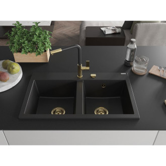 Mexen Hektor 2miskový granitový dřez 800 x 480 mm, černý, zlatý sifon - 6521802000-77-G