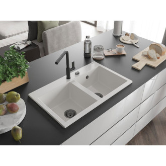 Mexen Hektor 2miskový granitový dřez 800 x 480 mm, bílý, černý sifon - 6521802000-20-B