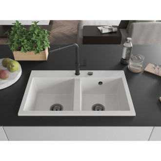 Mexen Hektor 2miskový granitový dřez 800 x 480 mm, bílý, černý sifon - 6521802000-20-B