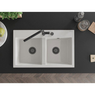 Mexen Hektor 2miskový granitový dřez 800 x 480 mm, bílý, černý sifon - 6521802000-20-B