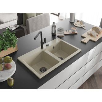 Mexen Hektor 2miskový granitový dřez 800 x 480 mm, béžový, černý sifon - 6521802000-69-B