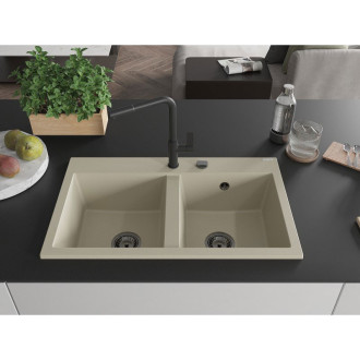Mexen Hektor 2miskový granitový dřez 800 x 480 mm, béžový, černý sifon - 6521802000-69-B