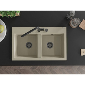 Mexen Hektor 2miskový granitový dřez 800 x 480 mm, béžový, černý sifon - 6521802000-69-B