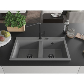 Mexen Hektor 2miskový granitový dřez 800 x 480 mm, šedý, černý sifon - 6521802000-71-B