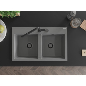 Mexen Hektor 2miskový granitový dřez 800 x 480 mm, šedý, černý sifon - 6521802000-71-B
