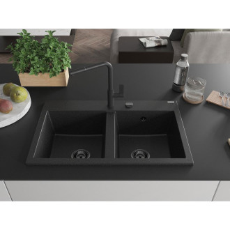 Mexen Hektor Dvojdřez, granit 800x480, černá/stříbrná, černý sifon 6521802000-73-B
