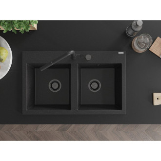 Mexen Hektor Dvojdřez, granit 800x480, černá/stříbrná, černý sifon 6521802000-73-B