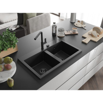Mexen Hektor 2miskový granitový dřez 800 x 480 mm, černý, černý sifon - 6521802000-77-B