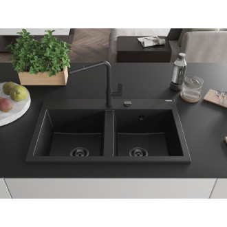 Mexen Hektor 2miskový granitový dřez 800 x 480 mm, černý, černý sifon - 6521802000-77-B