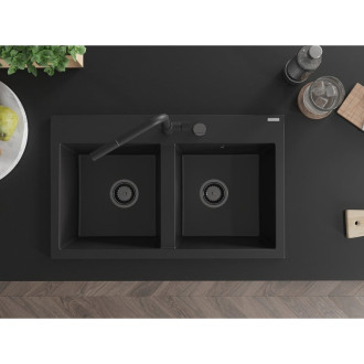 Mexen Hektor 2miskový granitový dřez 800 x 480 mm, černý, černý sifon - 6521802000-77-B
