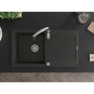 Mexen Leo granit dřez s 1 mísou s odkapem a baterií Savita, černá/zlatá 6501-75-672601-00