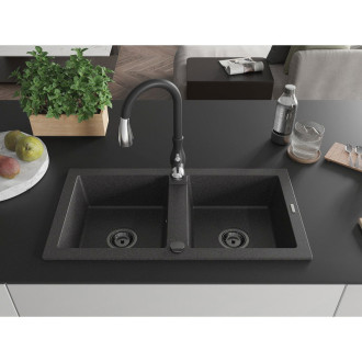 Mexen Mario, 2miskový granit dřez s kuchyňskou baterií Savita, černá 6504-76-672601-70-B