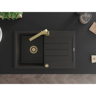 Mexen Bruno jednodřez granit s odkapem a baterií Rita, černá/zlatá 6513-75-670300-50