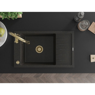 Mexen Elias jednodřez granit s odkapem a baterií Savita, černá/zlatá 6511-75-672601-50