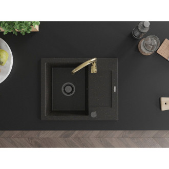 Mexen Enzo jednodřez granit s odkapem a baterií Telma, černo/zlatá 6506-75-670200-50-B