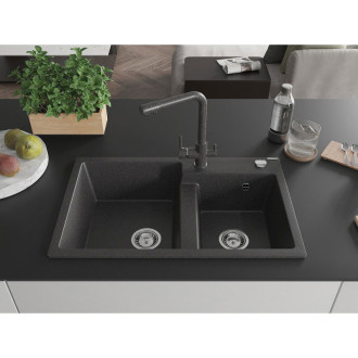 Mexen Tomas 2miskový granit dřez s kuchyňskou baterií Duero, černá 6516-76-671600-76