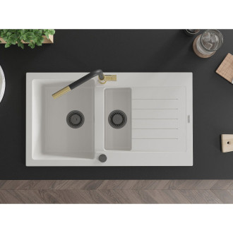 Mexen Matias granit dřez 1,5 misky s odkapem a baterií Flora, bílá 6502-20-670401-57-B