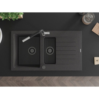 Mexen Matias 1,5 granit dřez s odkapem a baterií Flora, černá 6502-76-670401-07-B