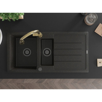 Mexen Andres 1,5 granit dřez s odkapem a baterií Elia, černá/zlatá 6515-75-670101-50-B