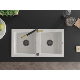 Mexen Mario 2miskový granitový dřez s kuchyňskou baterií Flora, bílá - 6504-20-670401-57-B