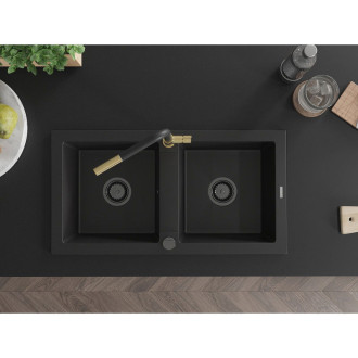 Mexen Mario 2miskový granitový dřez s kuchyňskou baterií Flora, černá 6504-77-670401-57-B