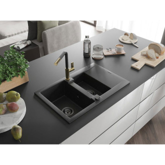Mexen Gaspar 1,5 granit dřez s odkapem a baterií Flora, černá/stříbrná 6507-73-670401-57-B