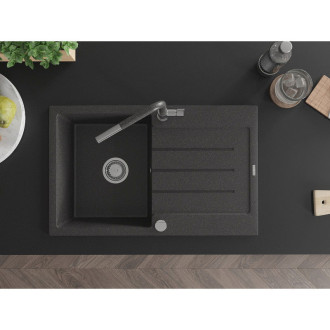 Mexen Bruno 1-miskový granit dřez s odkapem a baterií Flora, černá 6513-76-670401-08