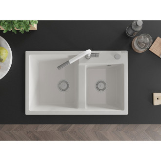 Mexen Tomas 2miskový granitový dřez s kuchyňskou baterií Flora, bílá - 6516-20-670401-02