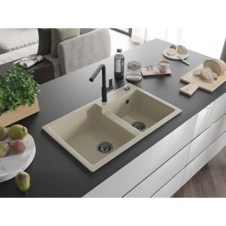 Mexen Tomas 2miskový granitový dřez s kuchyňskou baterií Flora, béžová 6516-69-670401-70-B