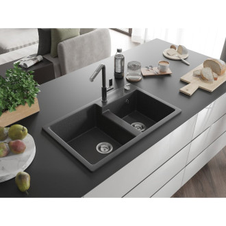 Mexen Tomas 2miskový granit dřez s kuchyňskou baterií Flora, černá 6516-76-670401-08