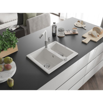 Mexen Carlos 1,5miskový granitový dřez s kuchyňskou baterií Flora, bílá 6518-20-670401-02