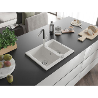 Mexen Carlos 1,5miskový granitový dřez s kuchyňskou baterií Flora, bílá 6518-20-670401-07
