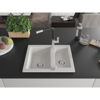 Mexen Carlos 1,5miskový granitový dřez s kuchyňskou baterií Flora, bílá 6518-20-670401-07