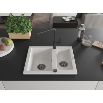 Mexen Carlos 1,5 granit dřez s kuchyňskou baterií Flora, bílá 6518-20-670401-70-B