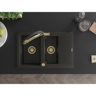 Mexen Gaspar 1,5 granit dřez s odkapem a baterií Duo, černá/zlatá 6507-75-671701-57-G