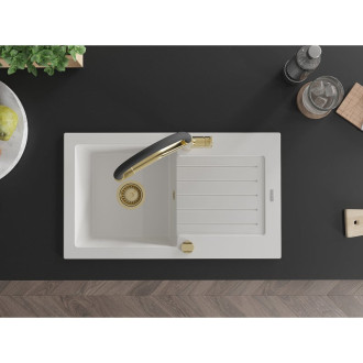 Mexen Pablo 1-miskový granit dřez s odkapem a baterií Duo, bílá 6510-20-671701-57-G