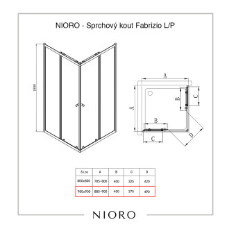 NIORO - Sprchový kout Fabrizio L/P - černá matná, transparentní sklo - 90x90 cm - posuvný - ROZBALENO