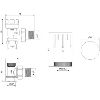 Mexen G05 úhlový termostatický set, chrom - W901-958-01