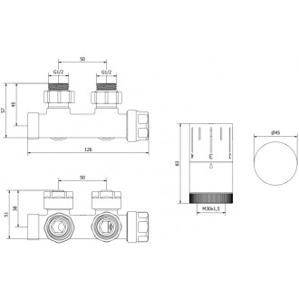 Mexen G05 úhlový termostatický set, Duplex, DN50, antracit - W907-958-66